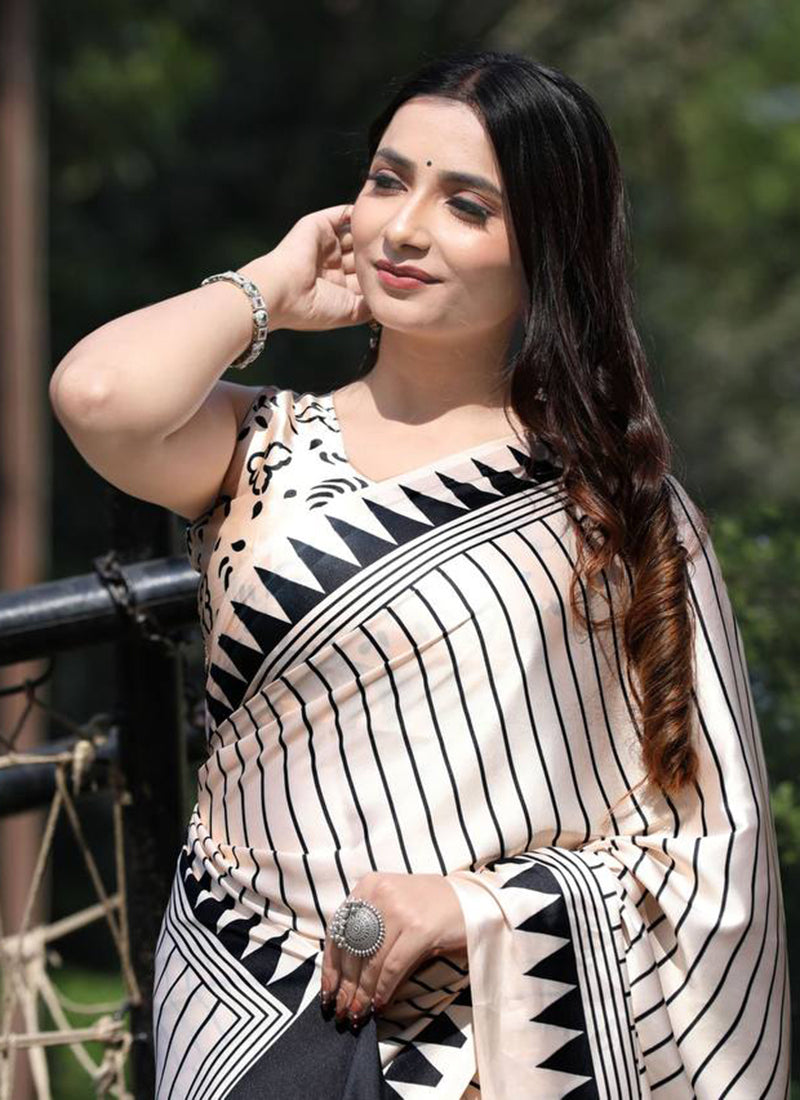 White Original Japan Devsena satin Saree Japan Satin Digital Print Blouse