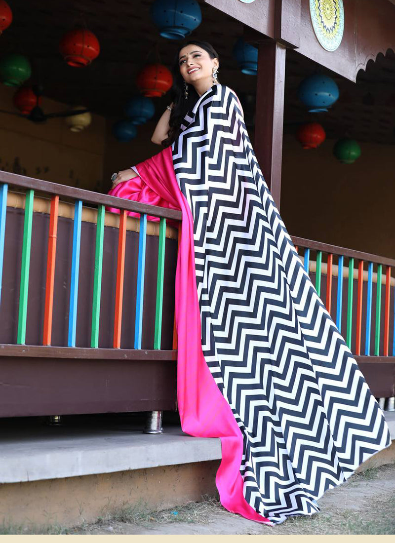 Pink Original Japan Devsena satin Saree Japan Satin Digital Print Blouse