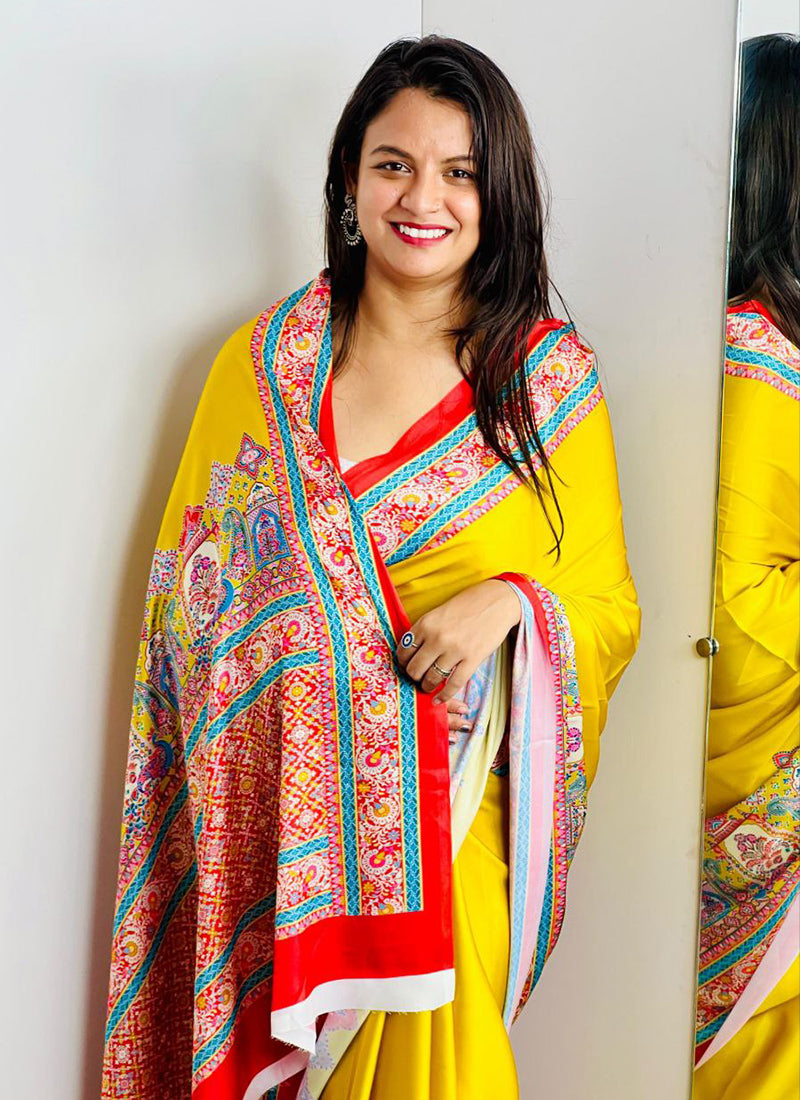 Yellow Original Japan Devsena satin Saree Japan Satin Digital Print Blouse