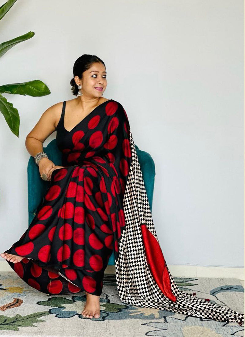 Black Original Japan Devsena satin Saree Japan Satin Digital Print Blouse