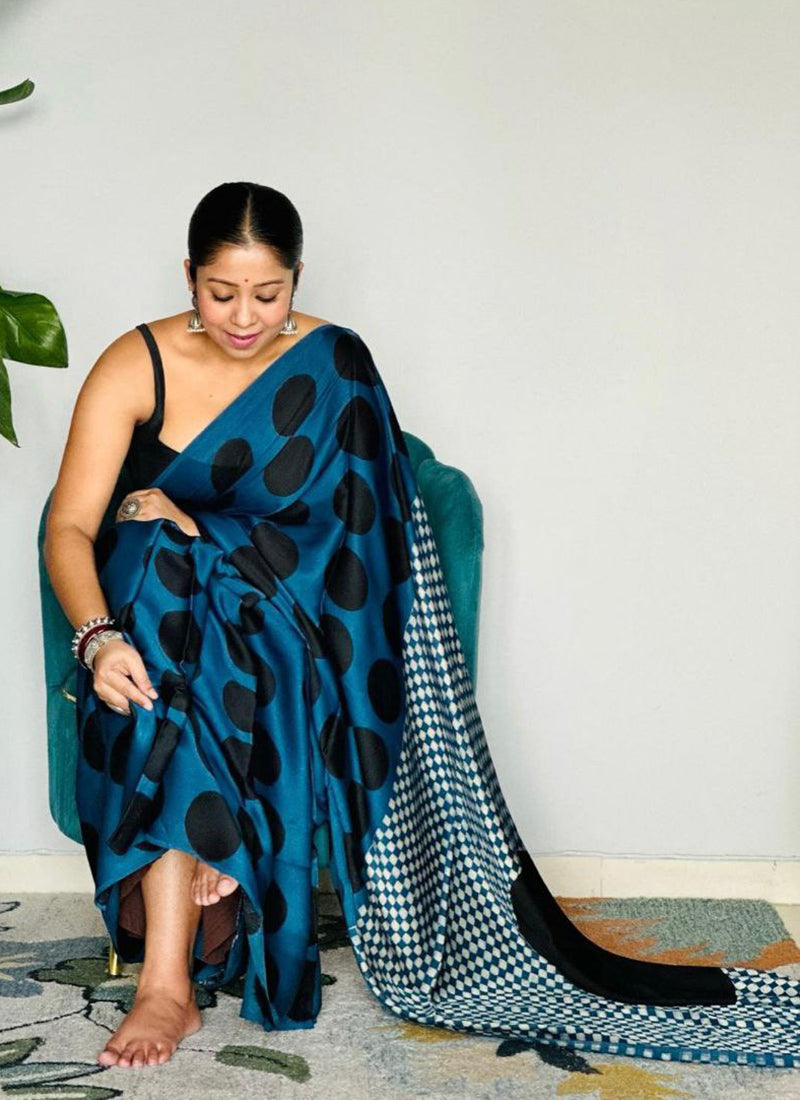 Aqua blue Original Japan Devsena satin Saree Japan Satin Digital Print Blouse