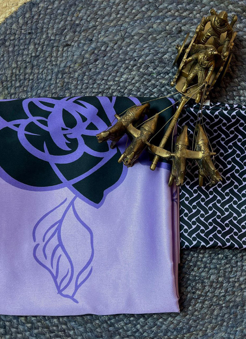 Lavender Original Japan Devsena satin Saree Japan Satin Digital Print Blouse