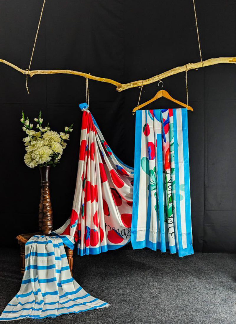 White Original Japan Devsena satin Saree Japan Satin Digital Print Blouse