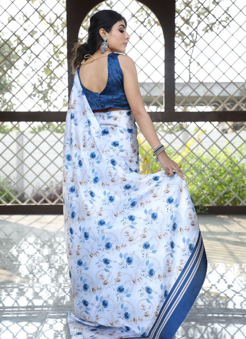 White Original Japan Devsena satin Saree Japan Satin Digital Print Blouse