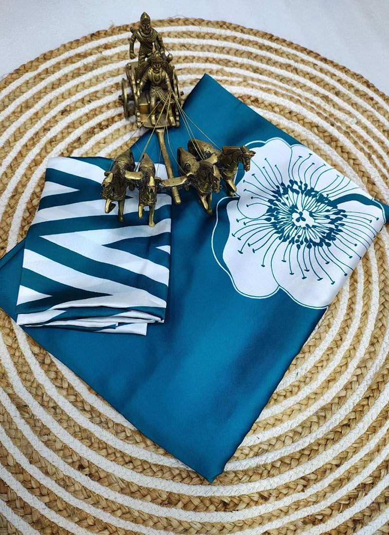 Teal Blue Original Japan Devsena satin Saree Japan Satin Digital Print Blouse
