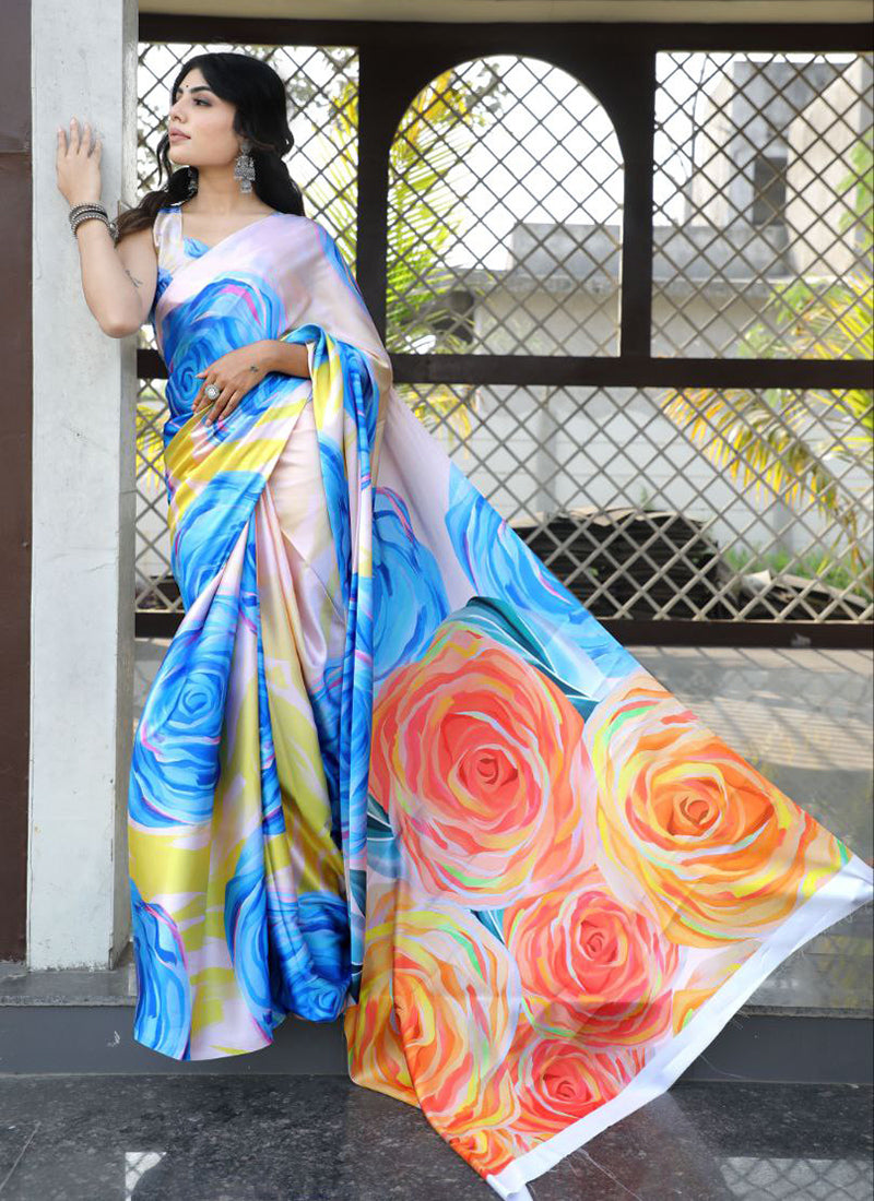 Multicolor Original Japan Devsena satin Saree Japan Satin Digital Print Blouse