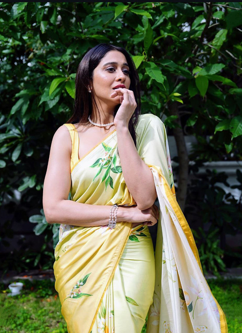 Lemon Yellow Original Japan Devsena satin Saree Japan Satin Digital Print Blouse