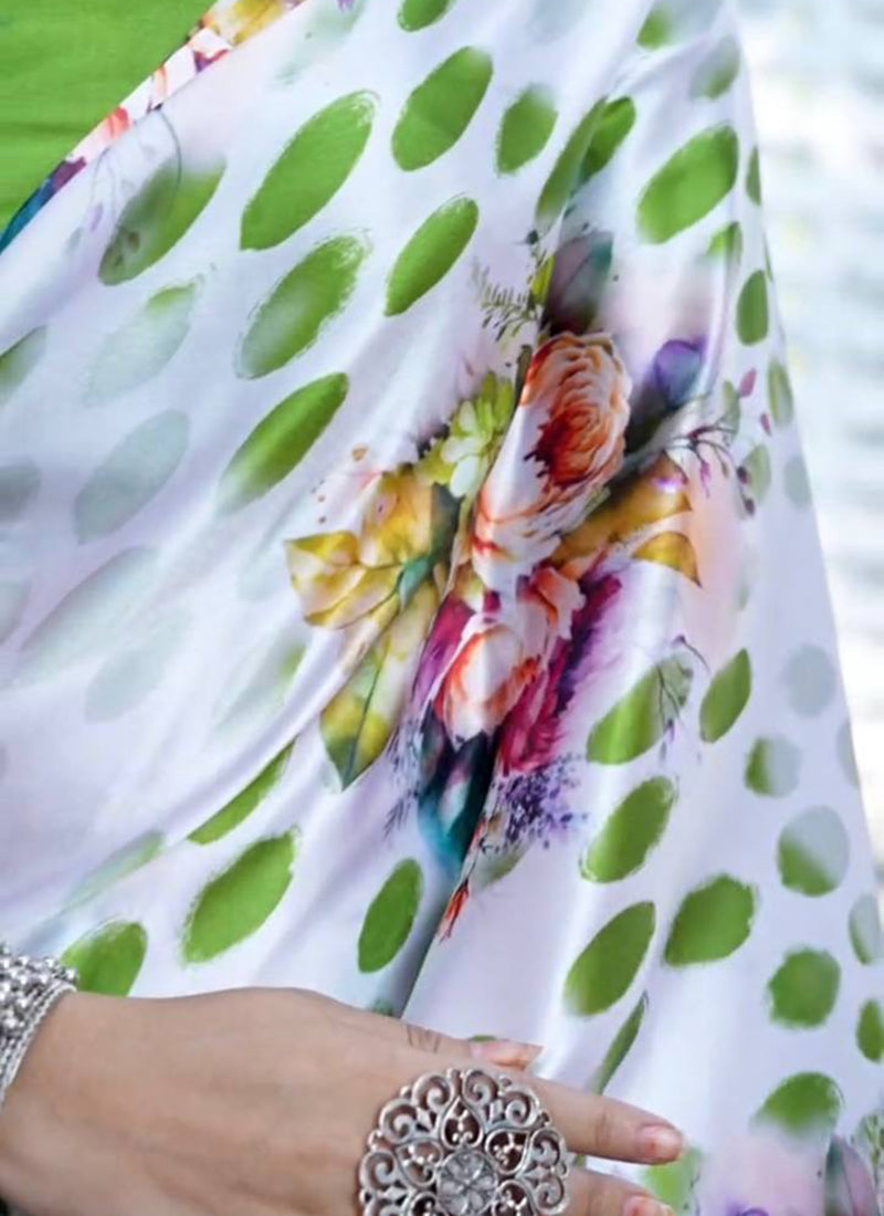 White Original Japan Devsena satin Saree Japan Satin Digital Print Blouse