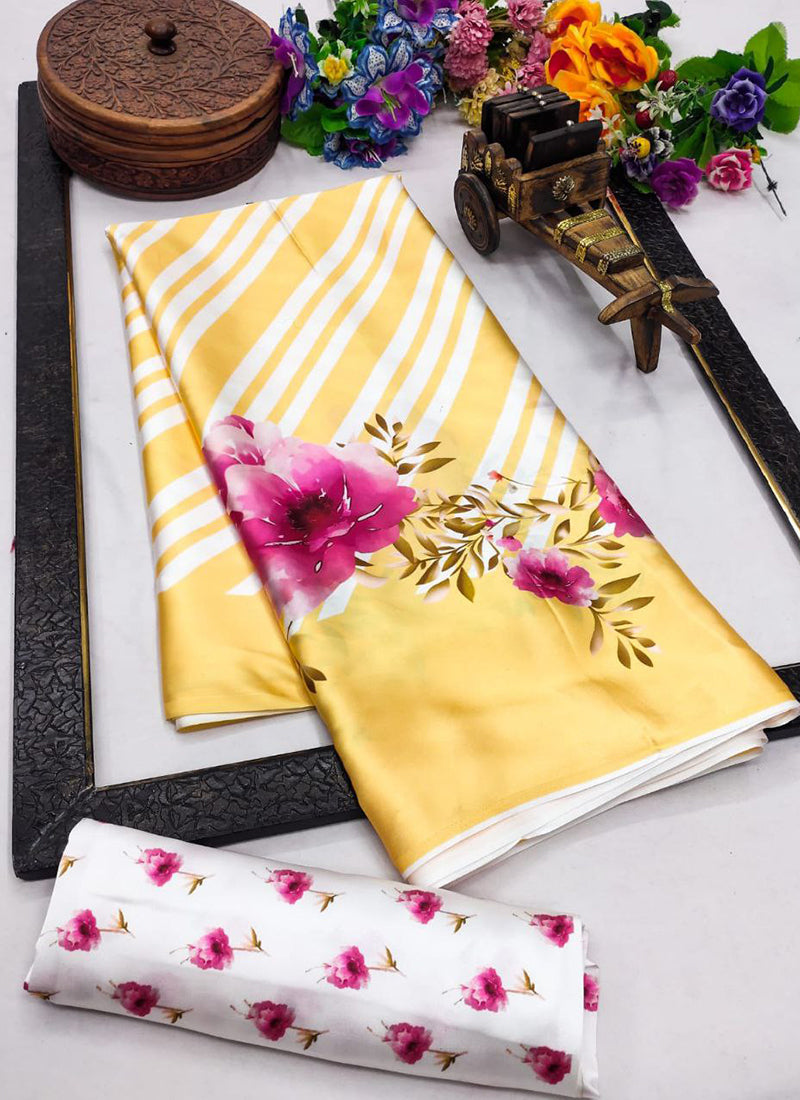 Multicolor Original Japan Devsena satin Saree Japan Satin Digital Print Blouse