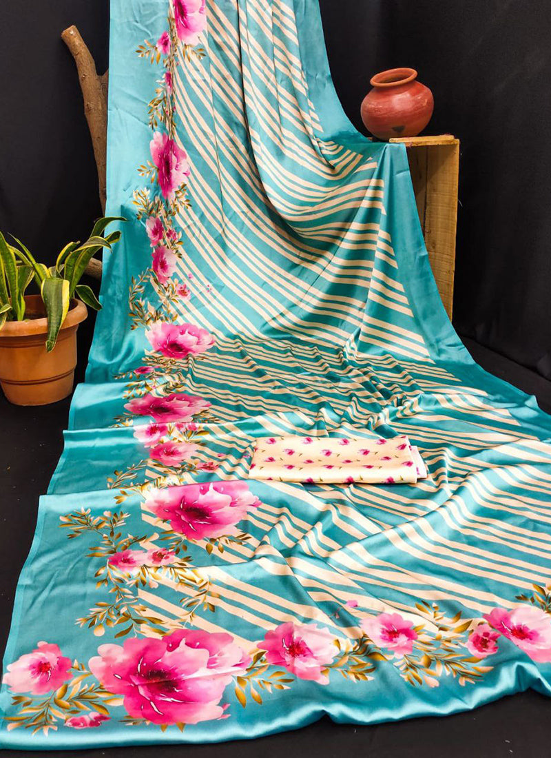 Multicolor Original Japan Devsena satin Saree Japan Satin Digital Print Blouse