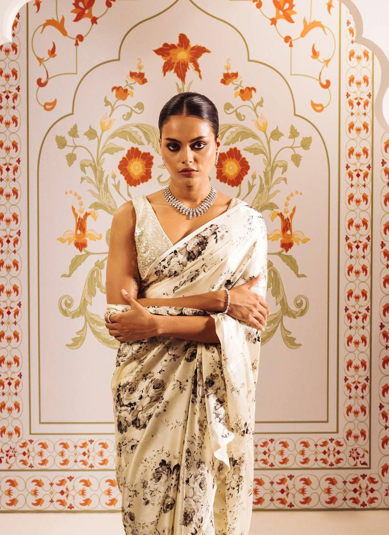 Black Original Japan Devsena satin Saree Japan Satin Digital Print Blouse