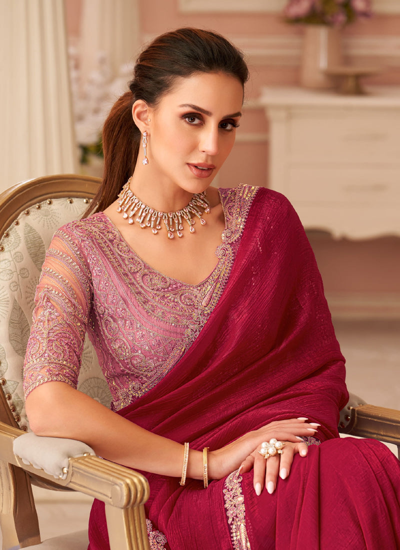 Maroon Georgette Heavy Designer Blouse Party Wear Saree