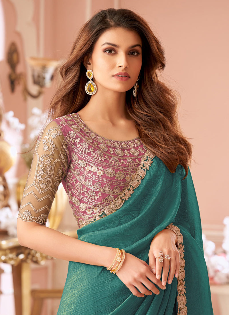 Sea Green Georgette Designer Blouse Party Wear Saree
