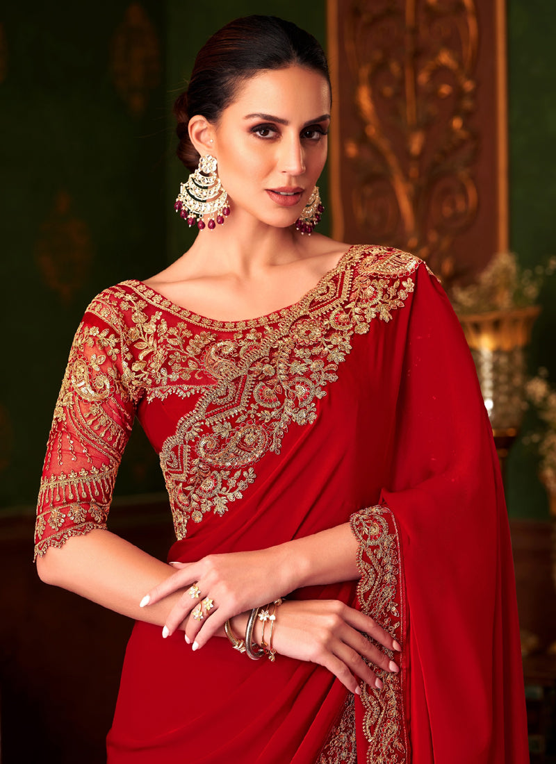 Red Sparkle Shaded Chiffon With Banglori Silk Blouse Designer Saree