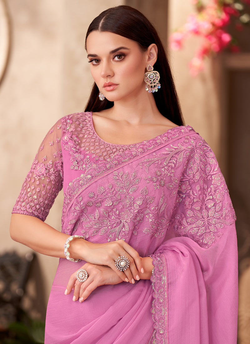 Pink Chiffon Heavy Designer Blouse Party Wear Saree