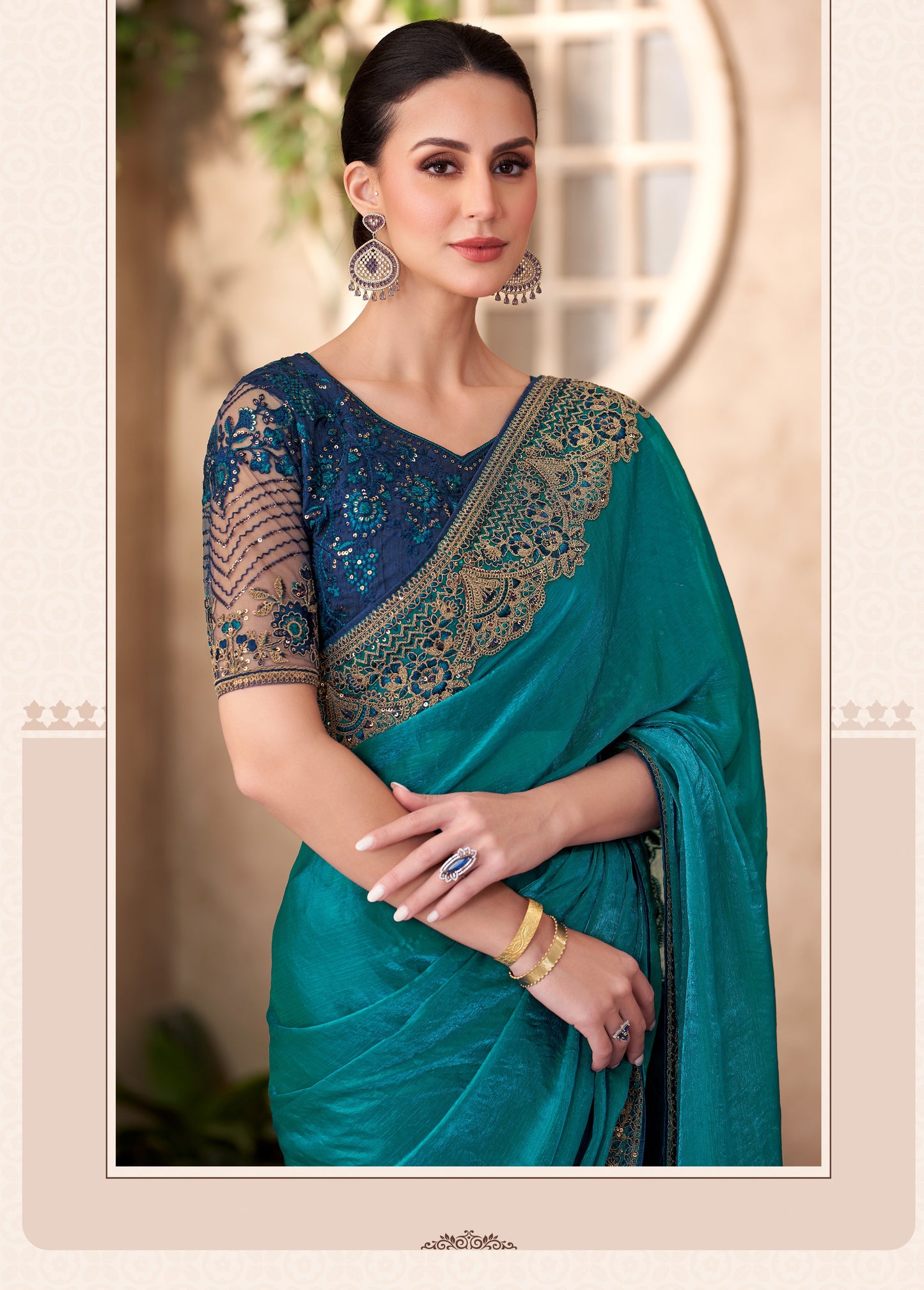 Peacock Blue Satin Georgette Designer Blouse Party Wear Saree