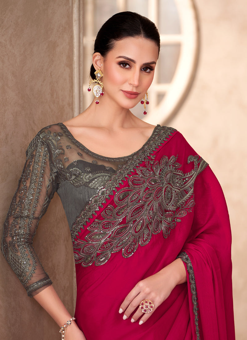 Cherry Red Chiffon Designer Blouse Party Wear Saree