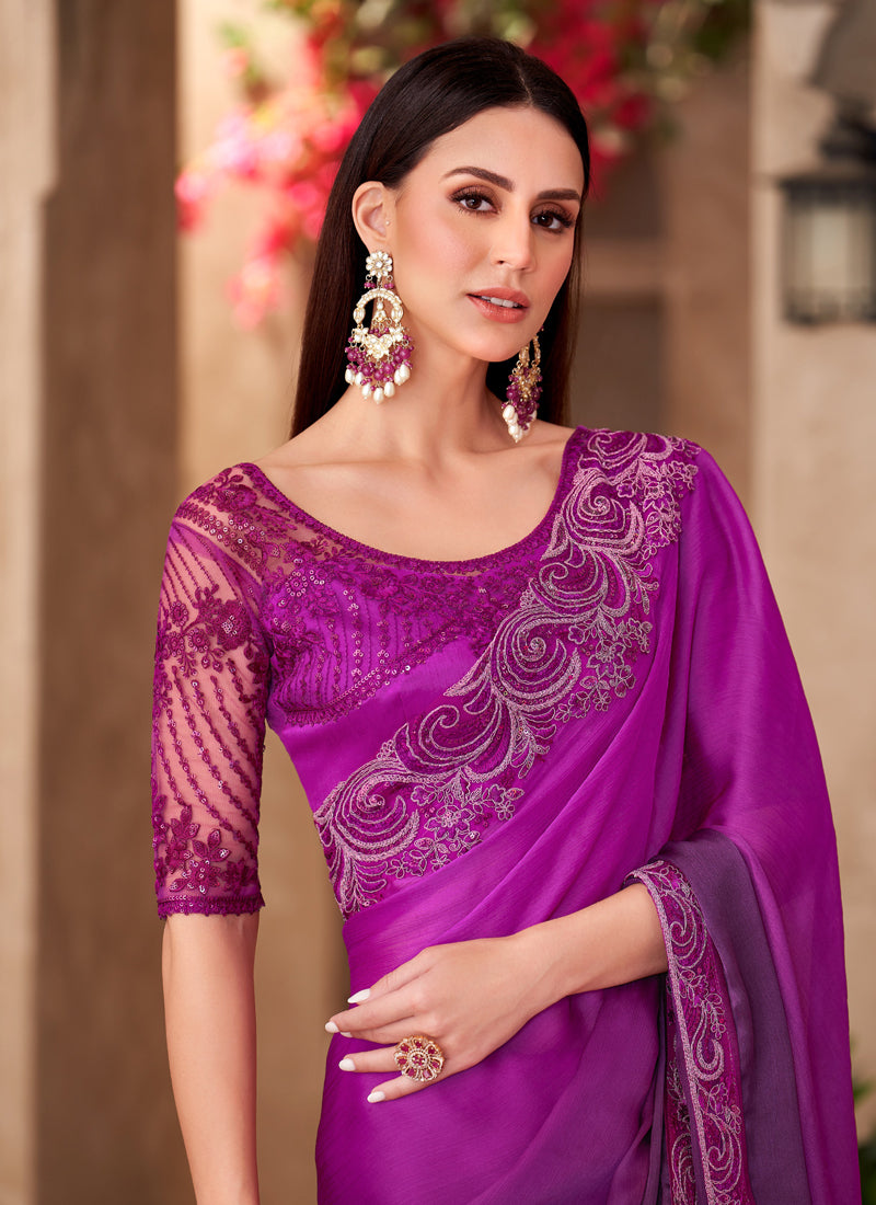 Magenta Chiffon Designer Blouse Party Wear Saree