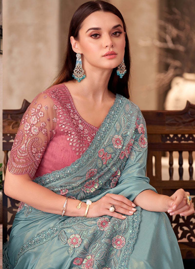 Light Aqua Blue Border Designer Blouse Party Wear Saree