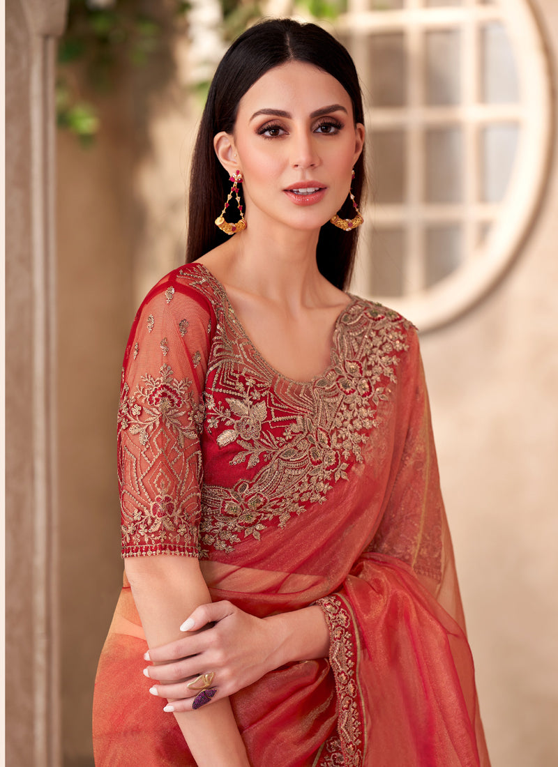 Rust Tissue Heavy Designer Blouse Party Wear Saree