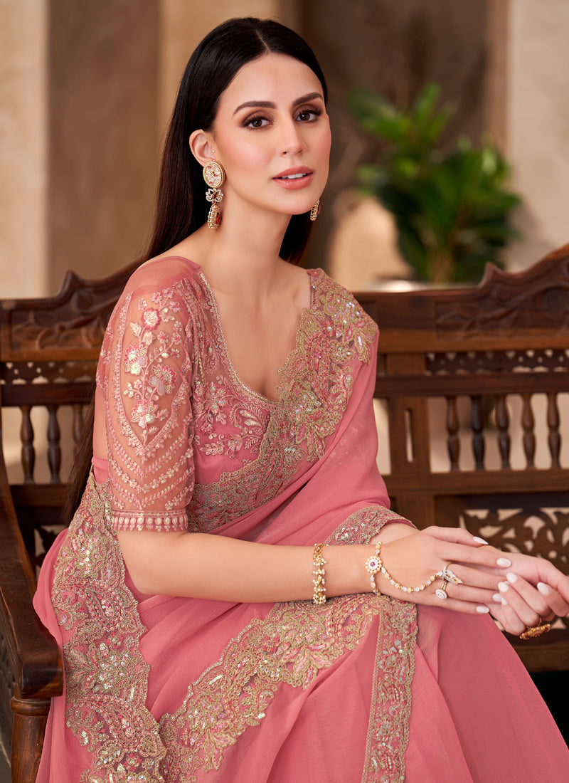 Peach Georgette Designer Blouse Party Wear Saree