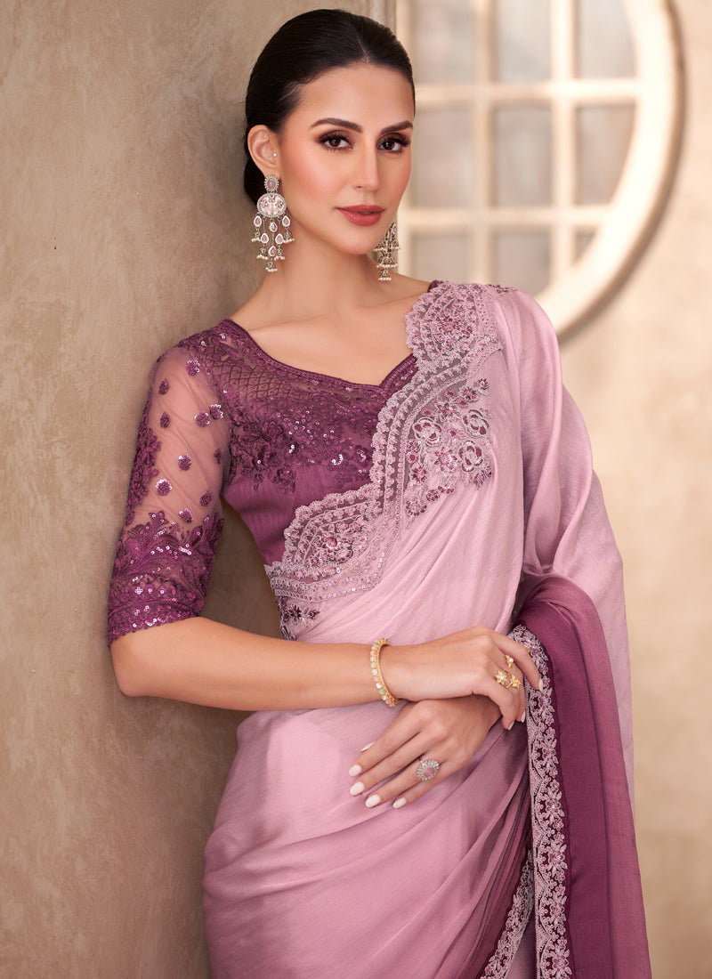 Shaded Onion Pink Chiffon Designer Blouse Party Wear Saree