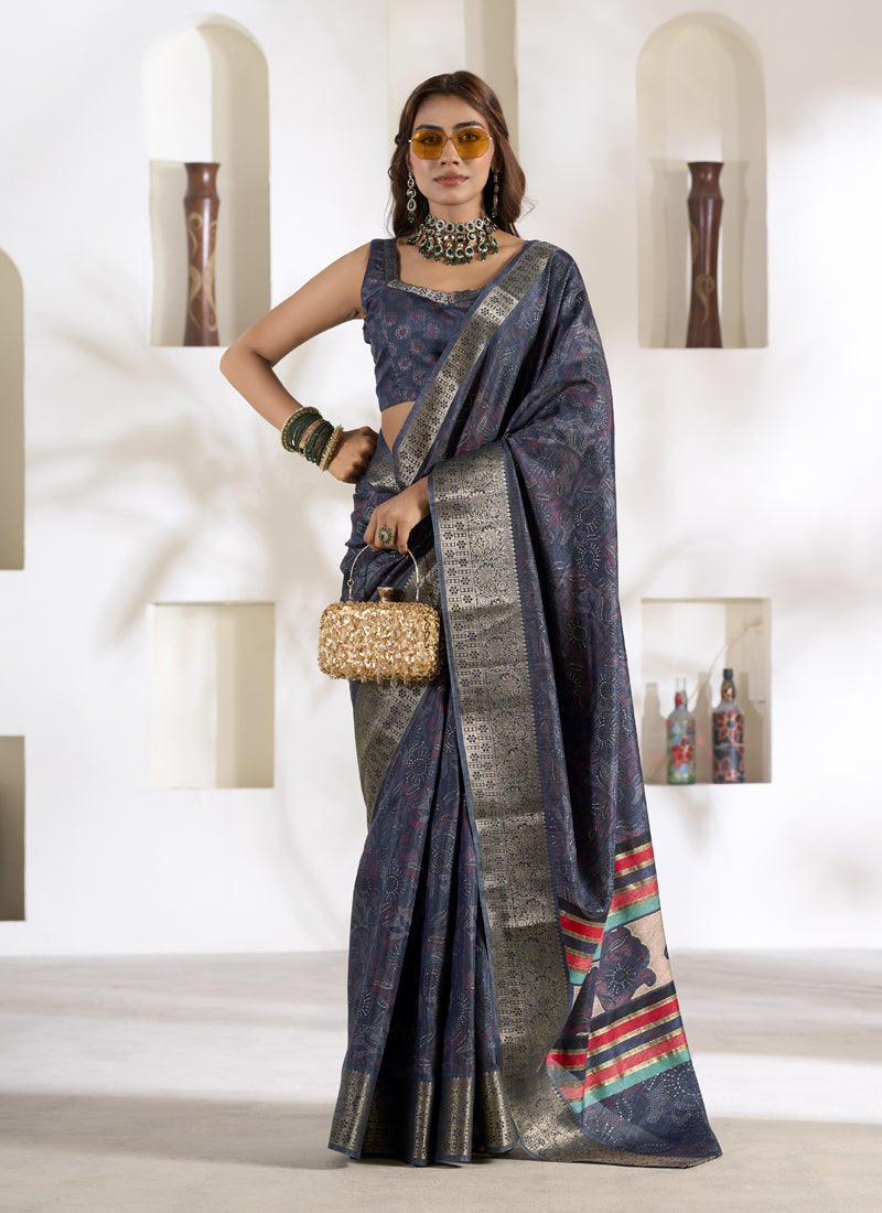 Soft Dola Silk With Foil Print Saree Collection