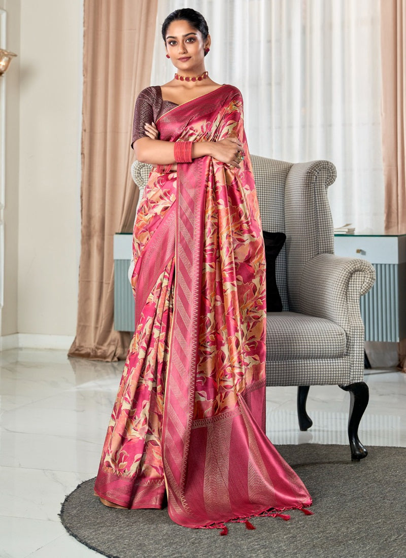 Handloom Silk With Digital Print With Zari Big Border