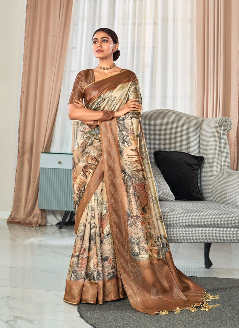Handloom Silk With Digital Print With Zari Big Border