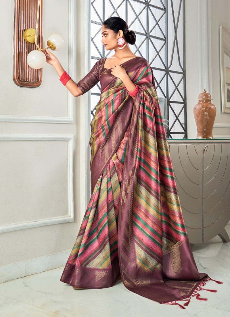 Handloom Silk With Digital Print With Zari Big Border