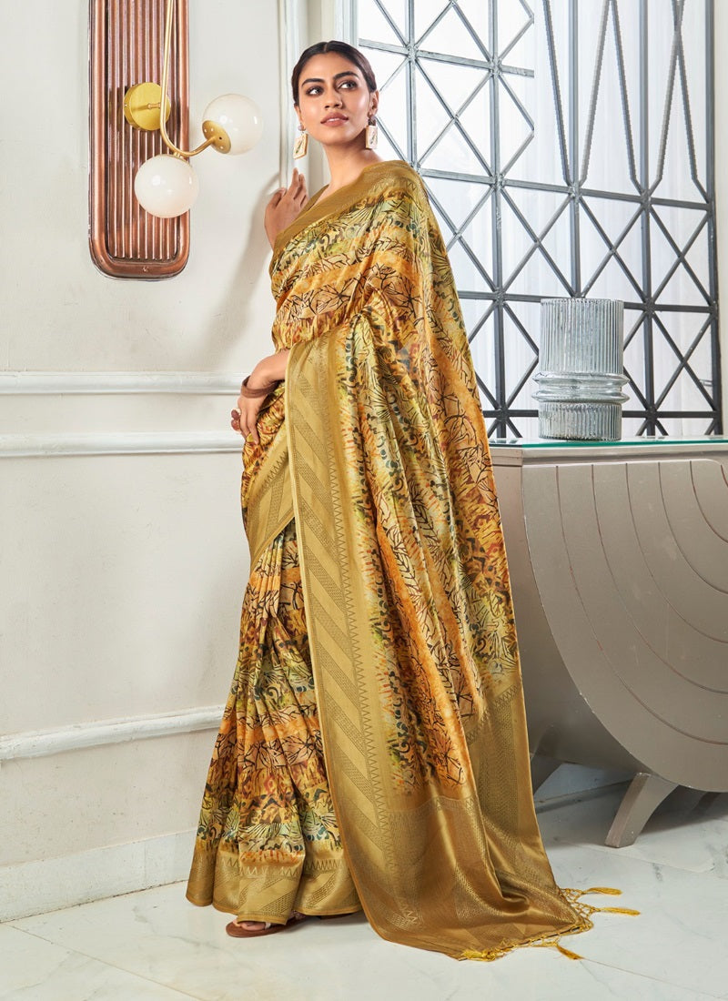 Handloom Silk With Digital Print With Zari Big Border