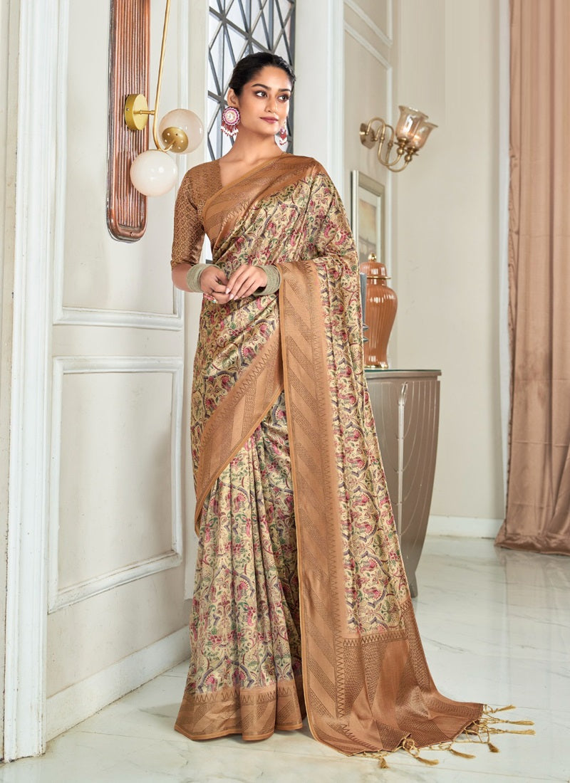 Handloom Silk With Digital Print With Zari Big Border