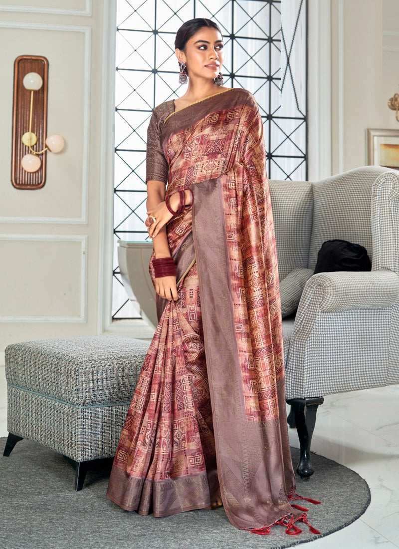 Handloom Silk With Digital Print With Zari Big Border