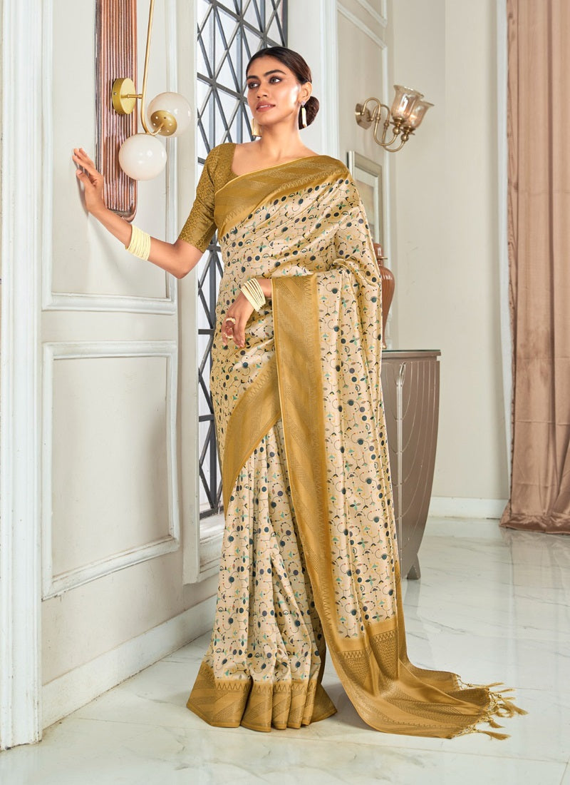 Handloom Silk With Digital Print With Zari Big Border