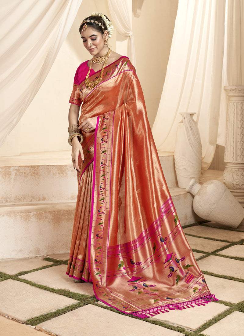 Tissue Paithani Silk Zari Weaving With Tussel  Wedding Wear Saree