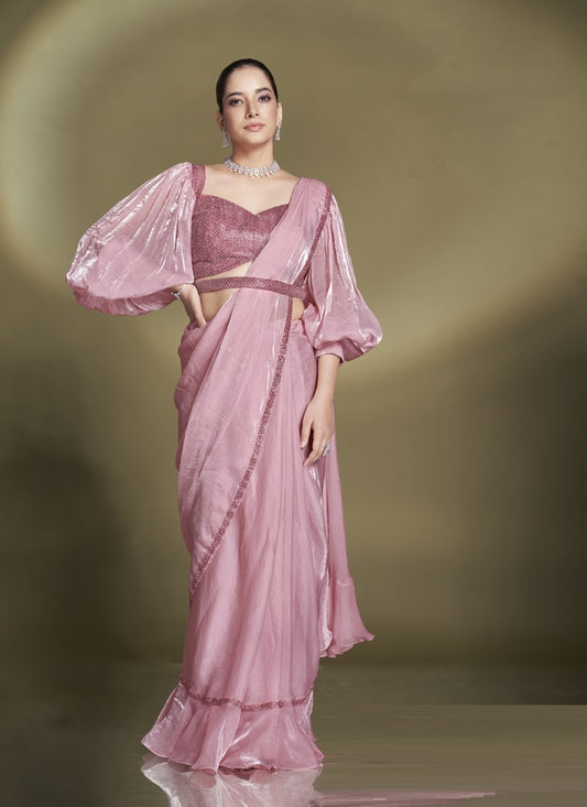 Baby Pink Two Tone Satin Silk Designer Ready To Wear Saree