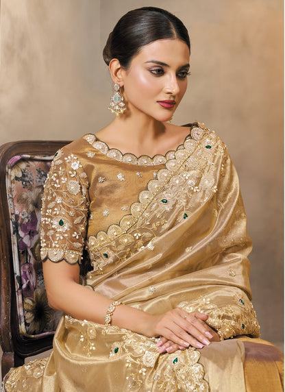 Beige & Golden Zari Tissue Silk Zardozi Embroidery, Stone Hand Work Heavy Designer Saree