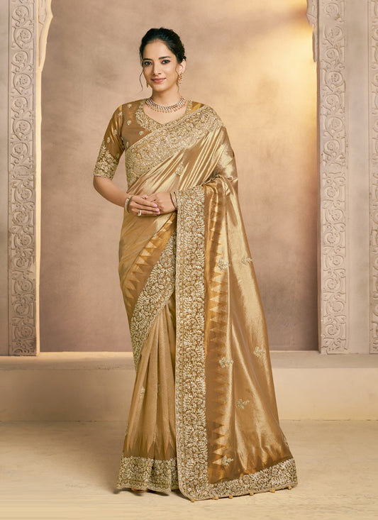 Antique gold  Weaved Zari Kora Silk Sequence Embroidery Designer Saree