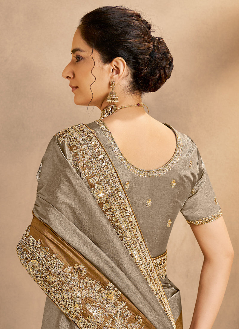 Antique gold & Gray Kora Zari Silk Zardozi & Cutdana Handwork Designer Saree