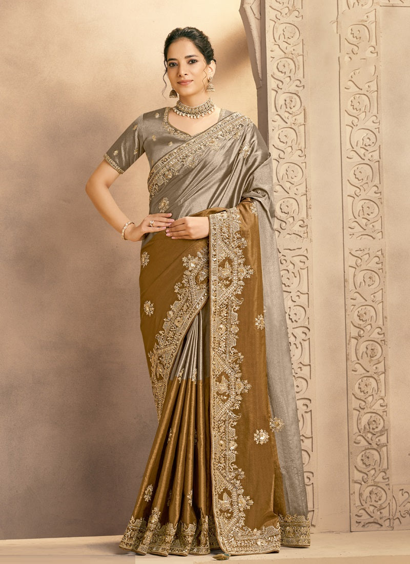 Antique gold & Gray Kora Zari Silk Zardozi & Cutdana Handwork Designer Saree