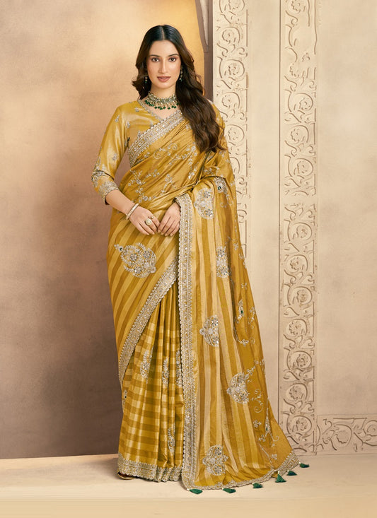 Golden Kanjivaram Zari Silk Sequence & Aari Work With Stone Designer Saree