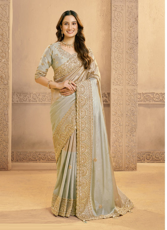 Off White Kora Zari Silk Sequence & Beads Work Designer Saree
