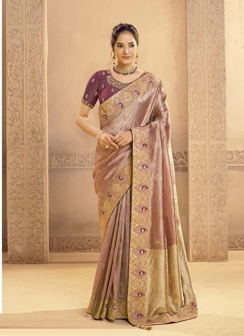Shine Rose Gold Zari Tissue Silk Motifs & Cutdana Handwork Designer Saree
