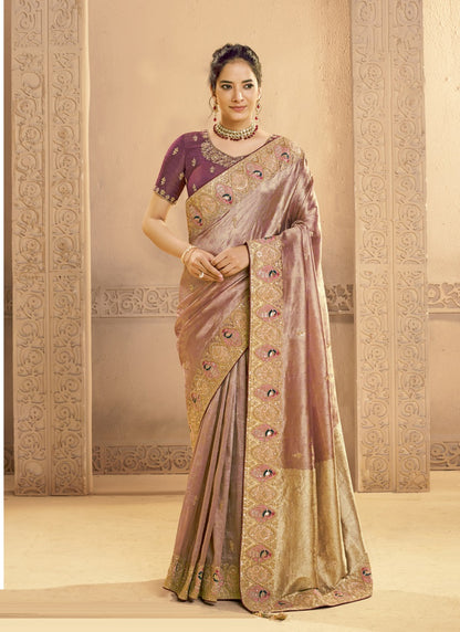 Shine Rose Gold Zari Tissue Silk Motifs & Cutdana Handwork Designer Saree