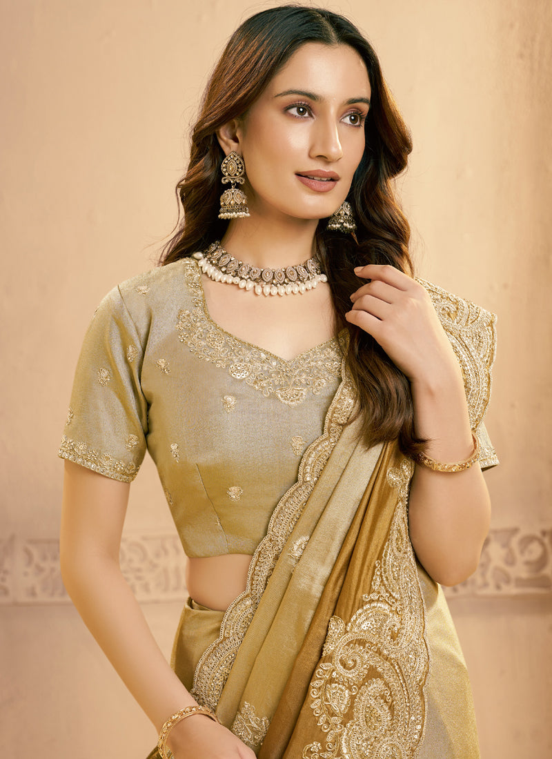 Beige & Antique Gold Kora Zari Silk Sequence With Beads Work Designer Saree