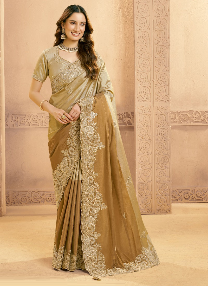 Beige & Antique Gold Kora Zari Silk Sequence With Beads Work Designer Saree