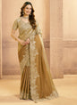 Beige & Antique Gold Kora Zari Silk Sequence With Beads Work Designer Saree