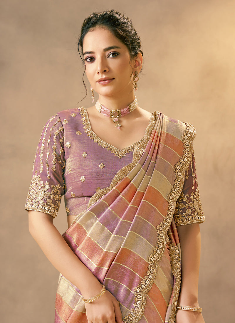Multicolor Banarasi Tissue Pearls & Beads Work Designer Saree