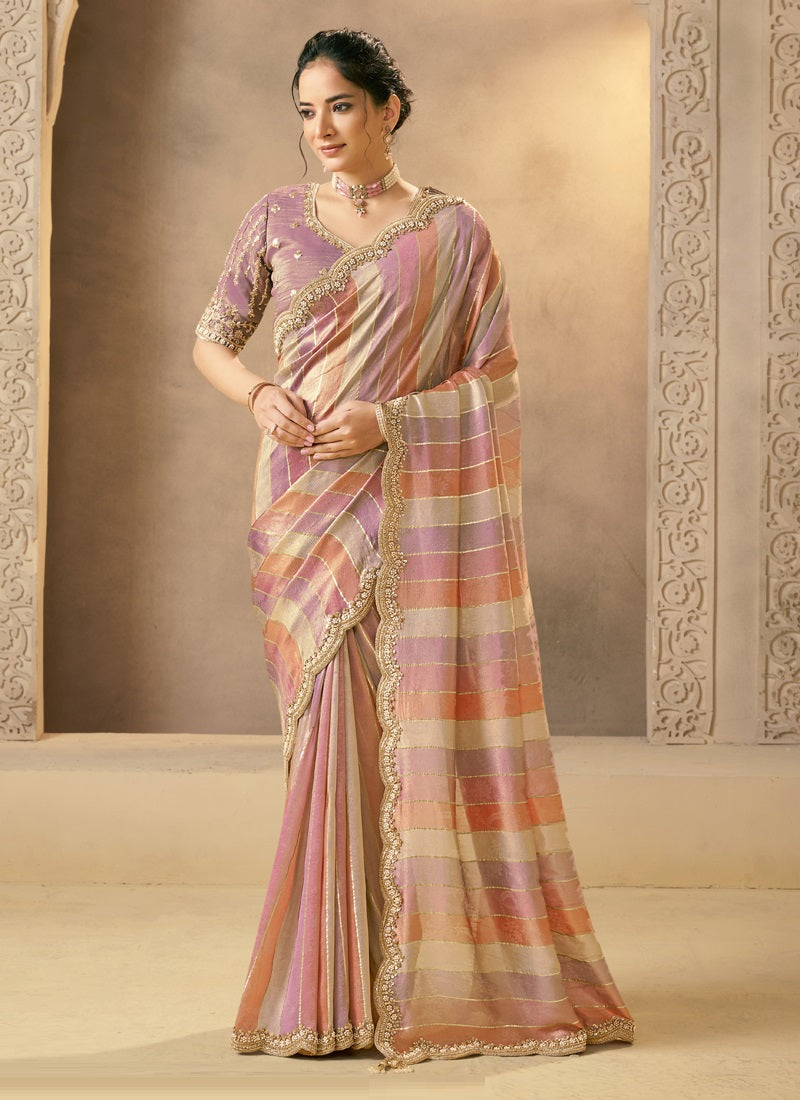 Multicolor Banarasi Tissue Pearls & Beads Work Designer Saree