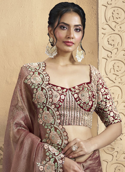 Onion Pink Pure Banarasi Crush With Hand Work Designer Saree